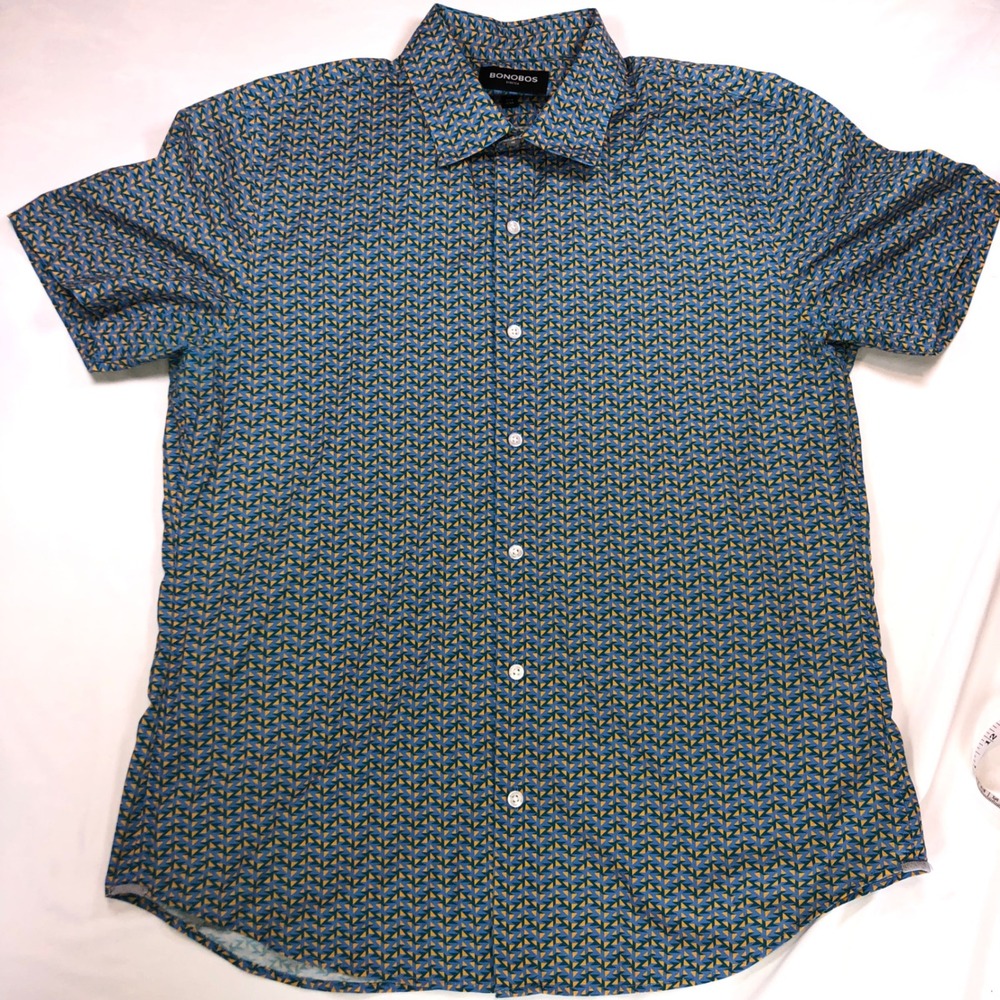 Bonobos Mens Slim Fit‎ Stretch Short Sleeve Button Down Shirt Geometric Blue M